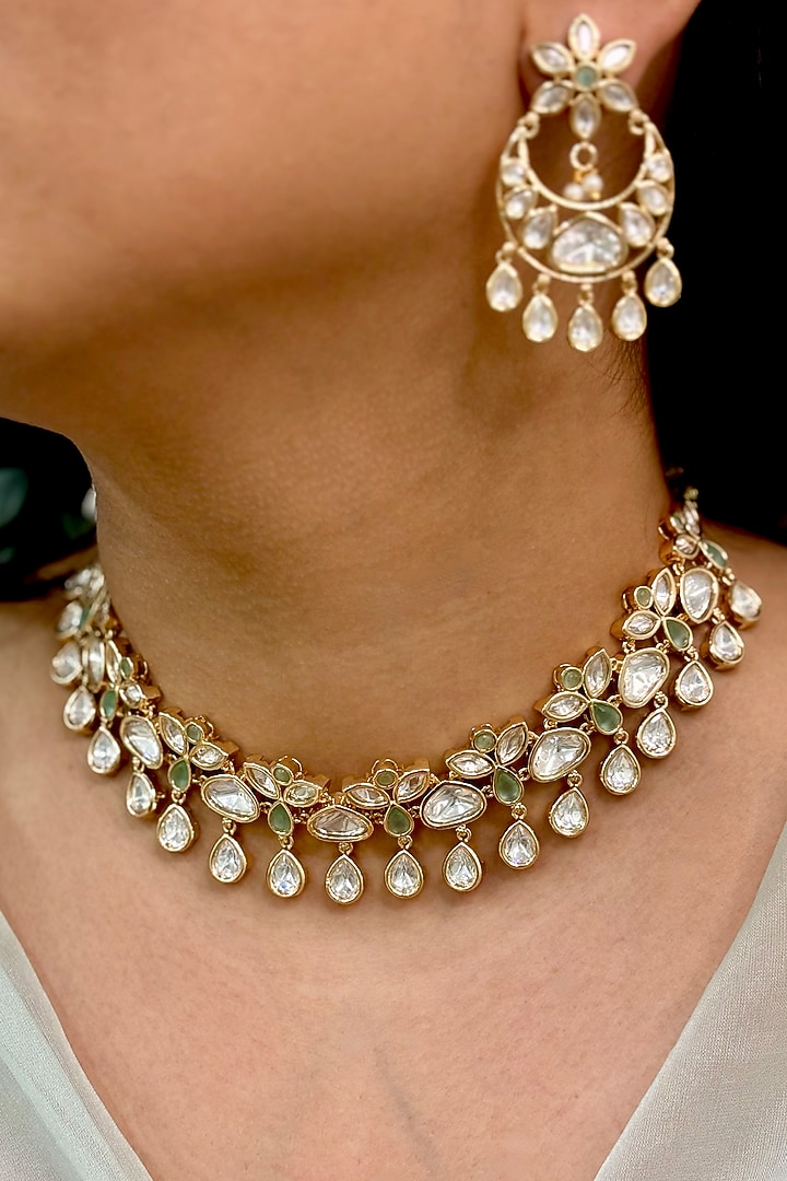 Gold Finish Kundan Polki & Droplet Choker Necklace Set by Shop Naymee at Pernia's Pop Up Shop