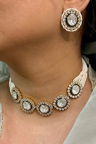 Gold Finish Kundan Polki & Pearl Choker Necklace Set by Shop Naymee