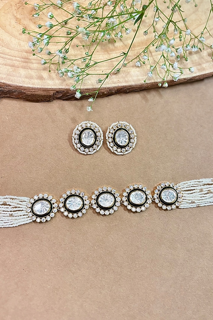 Gold Finish Kundan Polki & Pearl Choker Necklace Set by Shop Naymee at Pernia's Pop Up Shop