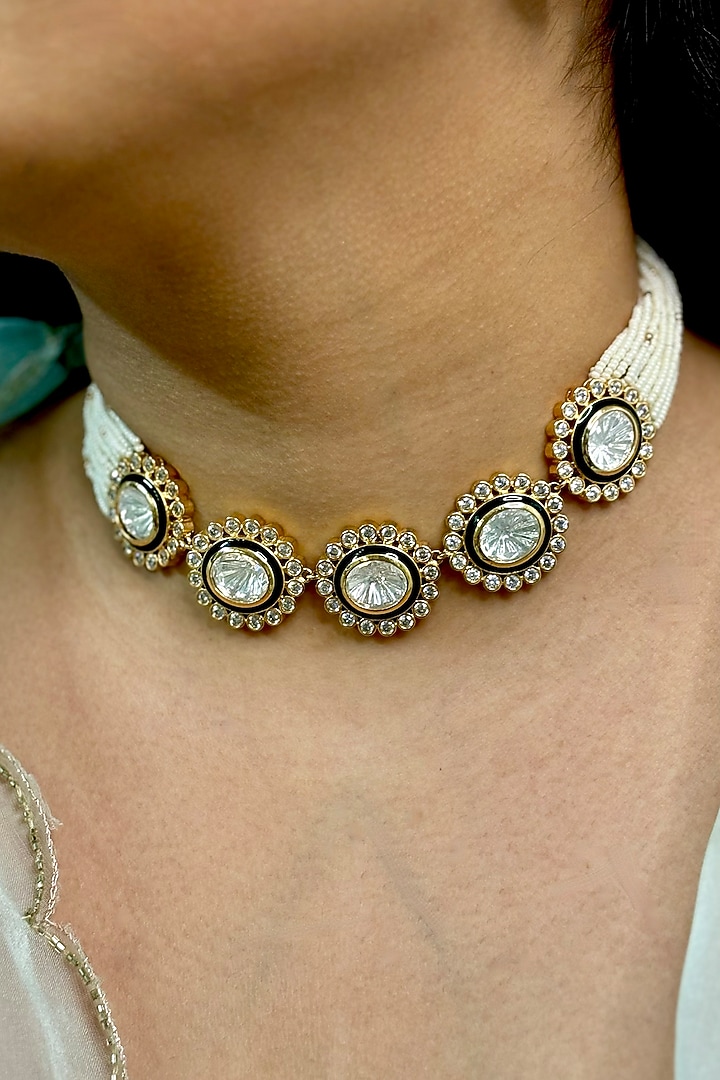 Gold Finish Kundan Polki & Pearl Choker Necklace Set by Shop Naymee at Pernia's Pop Up Shop