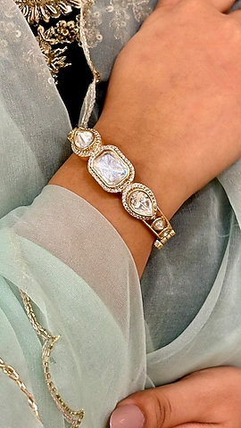 Gold Finish Kundan Polki & Pink Stone Handcrafted Enameled Bracelet by Shop Naymee