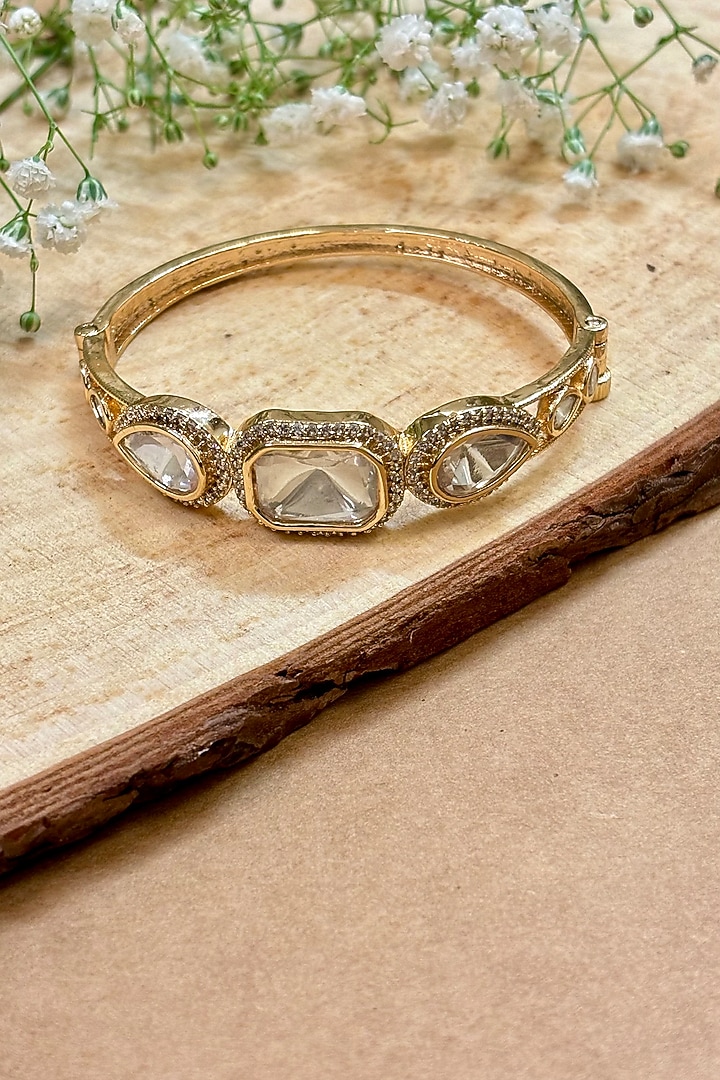 Gold Finish Kundan Polki & Pink Stone Handcrafted Enameled Bracelet by Shop Naymee at Pernia's Pop Up Shop