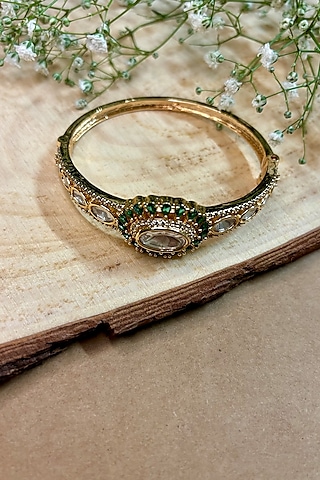 Gold Finish Kundan Polki & Green Stone Handcrafted Enameled Bracelet by Shop Naymee