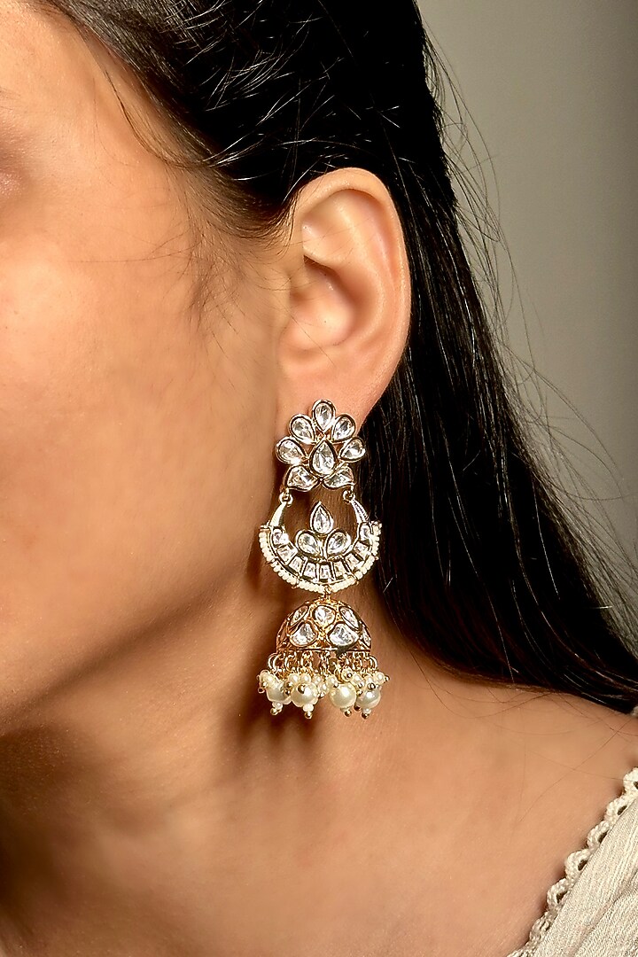Gold Finish Kundan Polki Long Jhumka Earrings by Shop Naymee at Pernia's Pop Up Shop