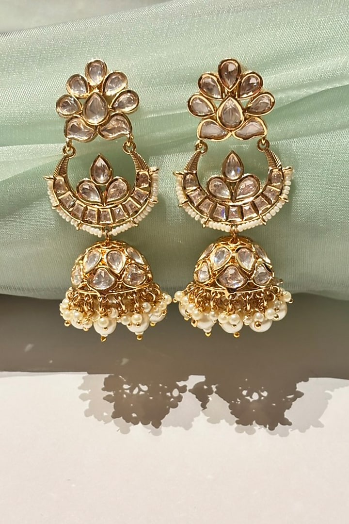 Gold Finish Kundan Polki Long Jhumka Earrings by Shop Naymee at Pernia's Pop Up Shop