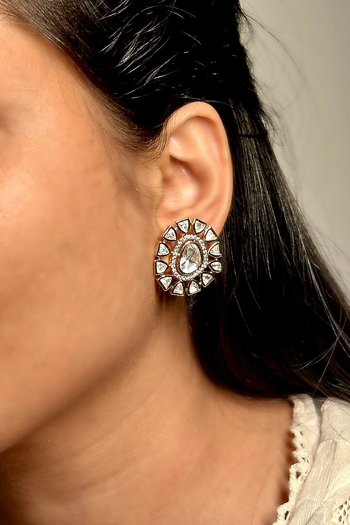 Gold Finish Kundan Polki Stud Earrings by Shop Naymee at Pernia's Pop Up Shop