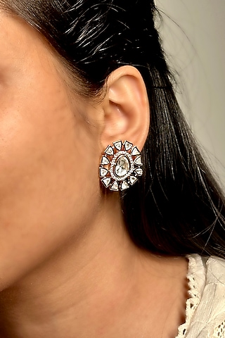 Gold Finish Kundan Polki Stud Earrings by Shop Naymee
