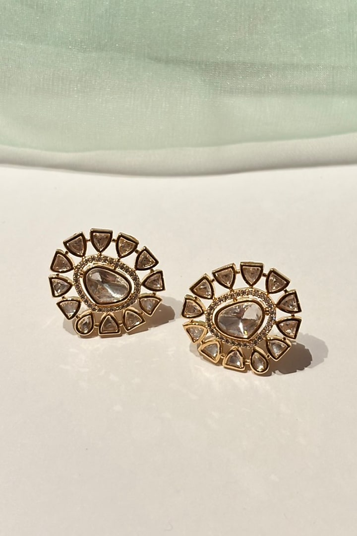 Gold Finish Kundan Polki Stud Earrings by Shop Naymee at Pernia's Pop Up Shop