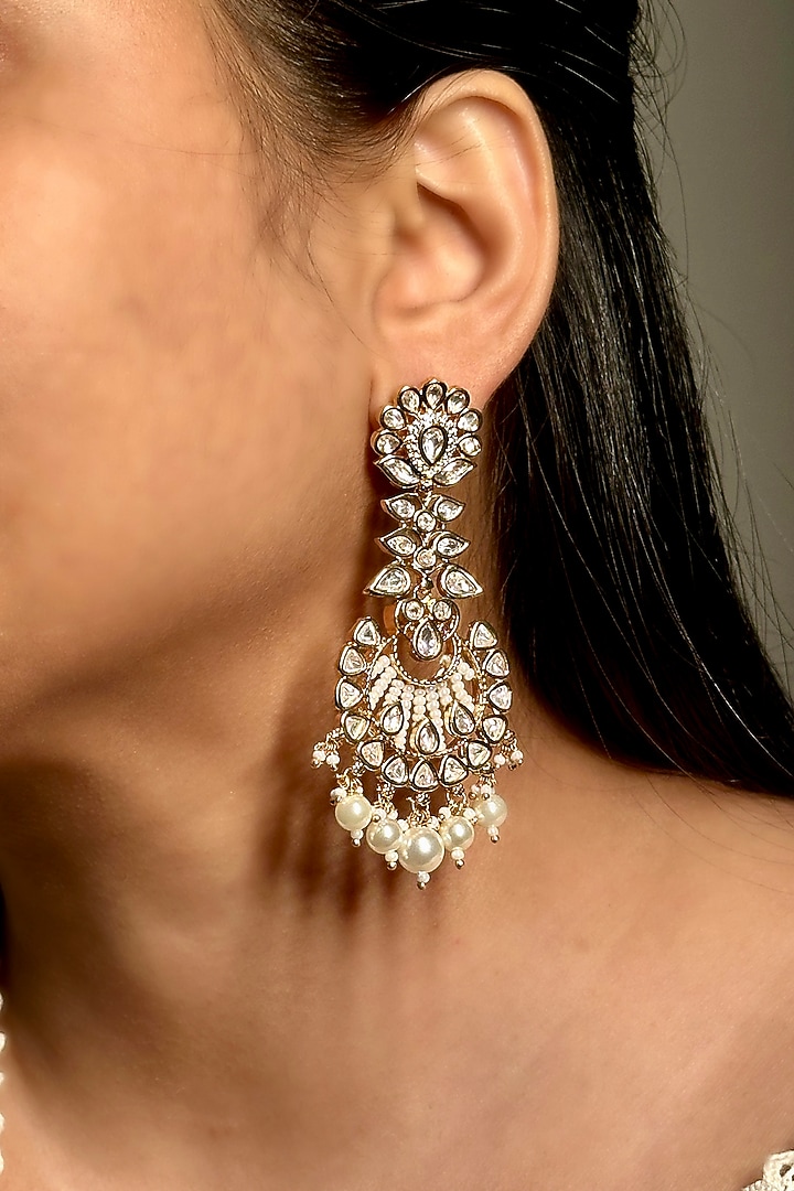 Gold Finish Kundan Polki & Pearl Long Dangler Earrings by Shop Naymee at Pernia's Pop Up Shop