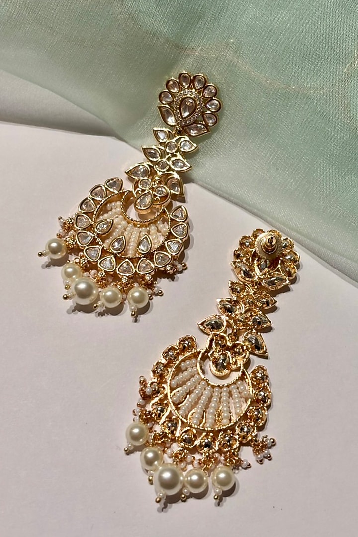 Gold Finish Kundan Polki & Pearl Long Dangler Earrings by Shop Naymee at Pernia's Pop Up Shop