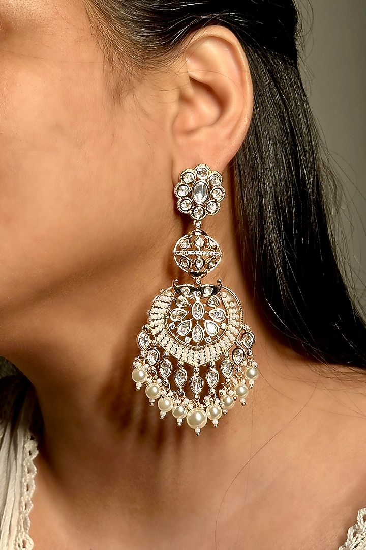 Gold Finish Kundan Polki & Pearl Long Dangler Earrings by Shop Naymee at Pernia's Pop Up Shop