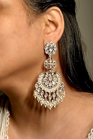 Gold Finish Kundan Polki & Pearl Long Dangler Earrings by Shop Naymee