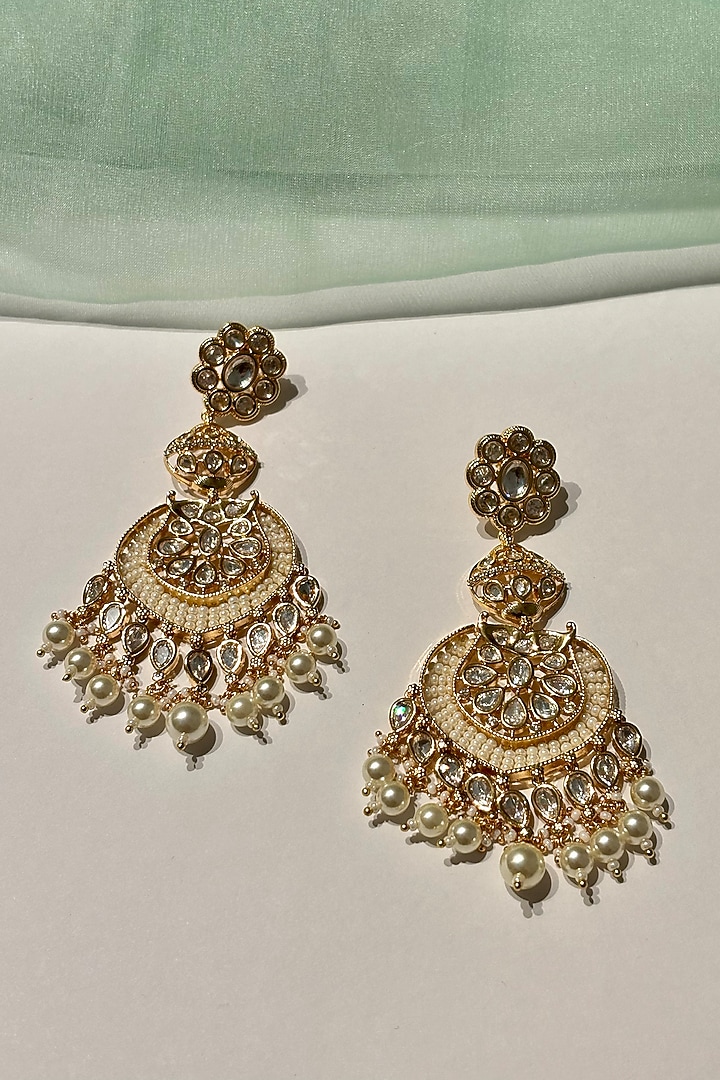 Gold Finish Kundan Polki & Pearl Long Dangler Earrings by Shop Naymee at Pernia's Pop Up Shop
