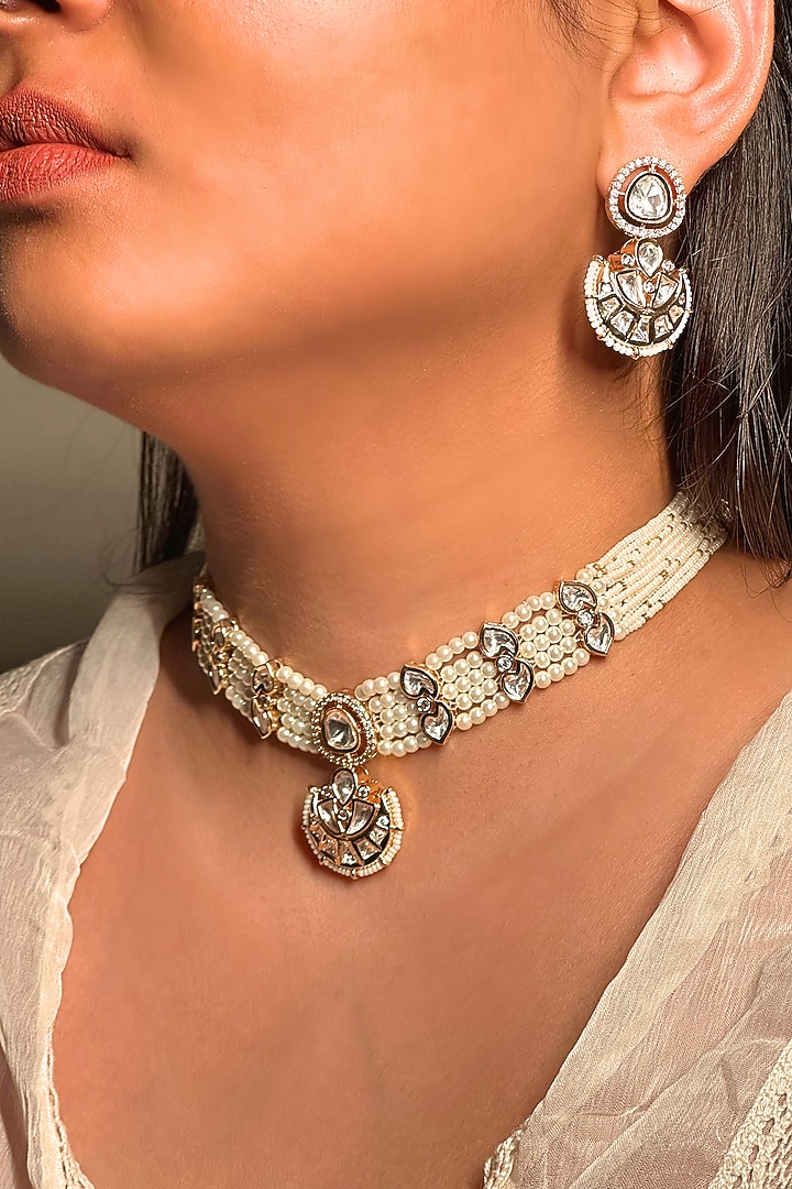 Gold Finish Kundan Polki & Pearl Enameled Choker Necklace Set by Shop Naymee at Pernia's Pop Up Shop