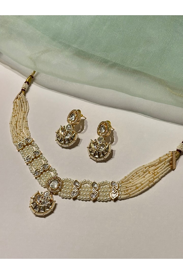 Gold Finish Kundan Polki & Pearl Enameled Choker Necklace Set by Shop Naymee at Pernia's Pop Up Shop