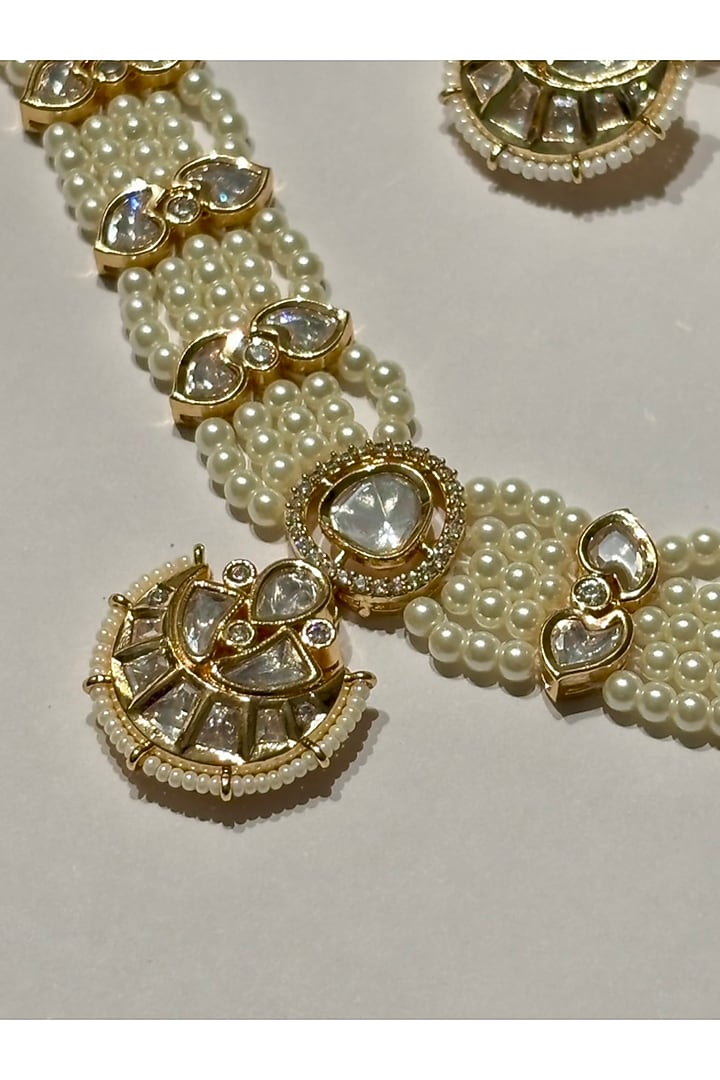 Gold Finish Kundan Polki & Pearl Enameled Choker Necklace Set by Shop Naymee at Pernia's Pop Up Shop