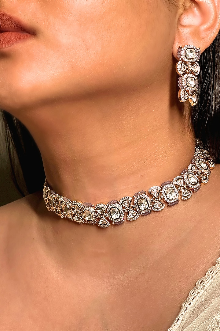 Gold Finish Kundan Polki & Lilac Stone Enameled Choker Necklace Set by Shop Naymee at Pernia's Pop Up Shop
