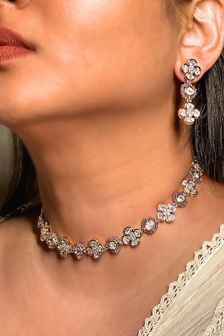 Gold Finish Kundan Polki & Lilac Stone Enameled Choker Necklace Set by Shop Naymee at Pernia's Pop Up Shop