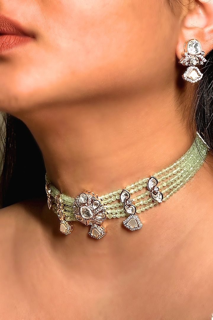 Gold Finish Kundan Polki & Light Green Beaded Enameled Choker Necklace Set by Shop Naymee at Pernia's Pop Up Shop