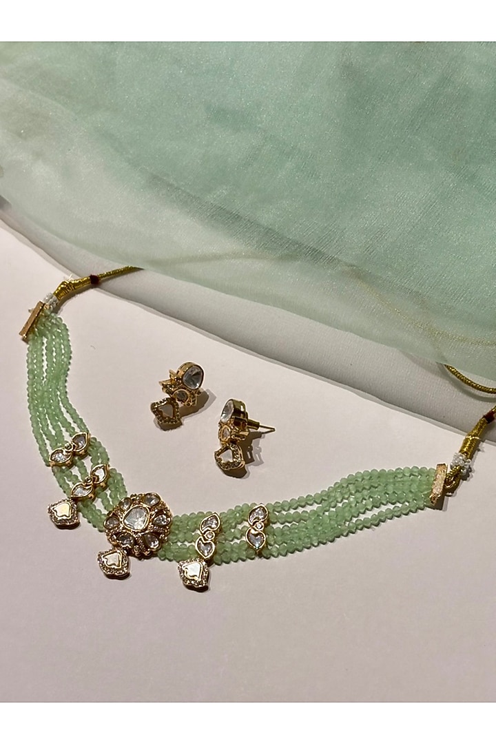 Gold Finish Kundan Polki & Light Green Beaded Enameled Choker Necklace Set by Shop Naymee at Pernia's Pop Up Shop