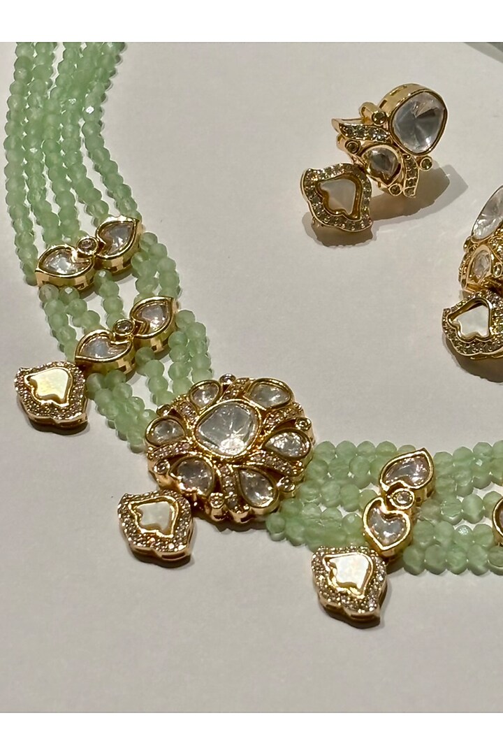 Gold Finish Kundan Polki & Light Green Beaded Enameled Choker Necklace Set by Shop Naymee at Pernia's Pop Up Shop