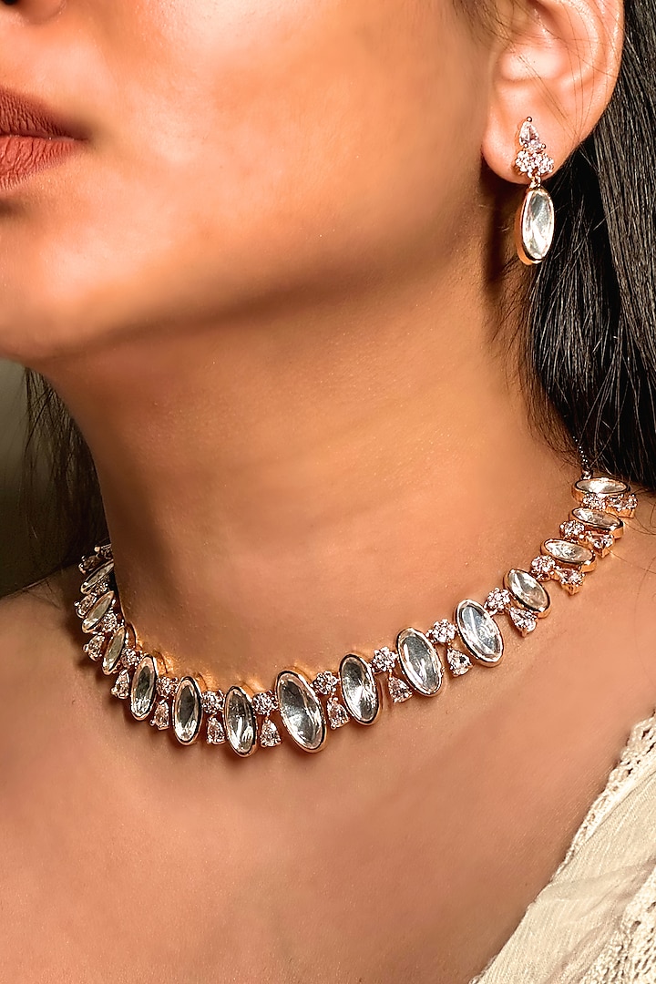 Gold Finish Kundan Polki & Pearl Enameled Choker Necklace Set by Shop Naymee at Pernia's Pop Up Shop