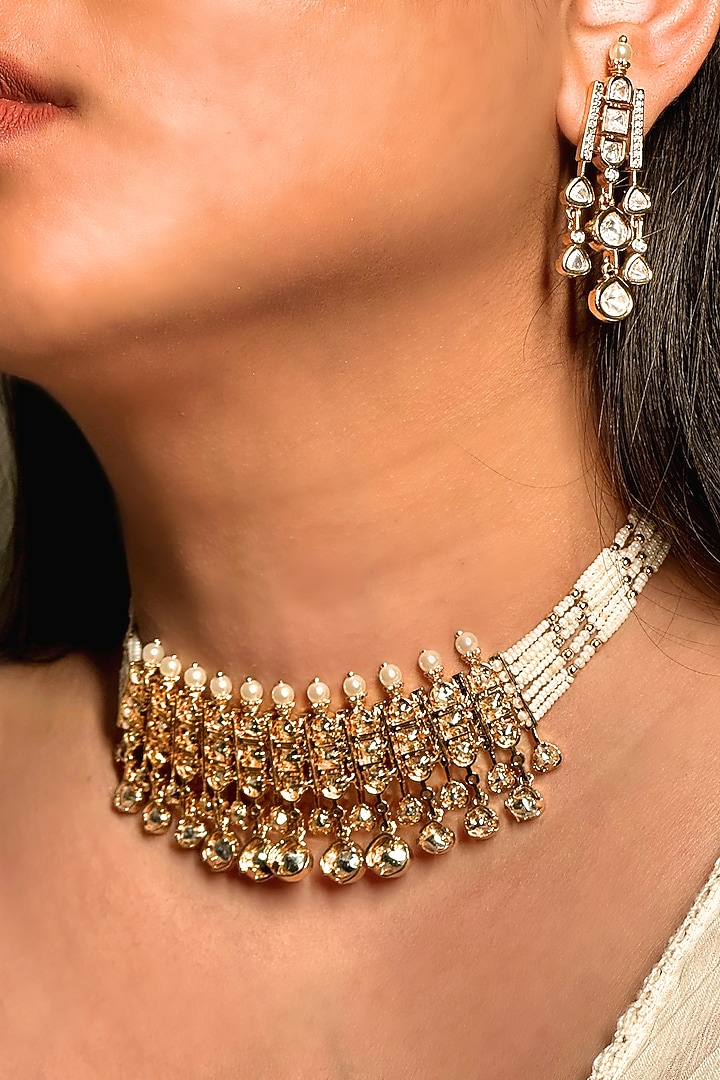 Gold Finish Kundan Polki & Pearl Enameled Choker Necklace Set by Shop Naymee at Pernia's Pop Up Shop