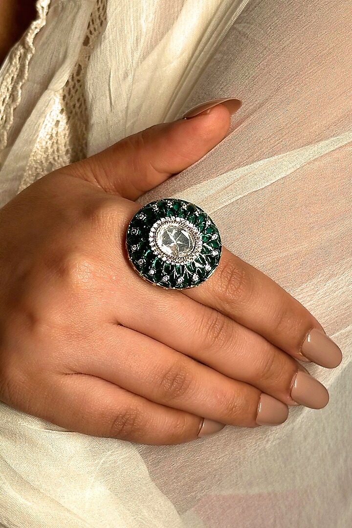 Gold Finish Kundan Polki & Pearl Enameled Ring by Shop Naymee at Pernia's Pop Up Shop