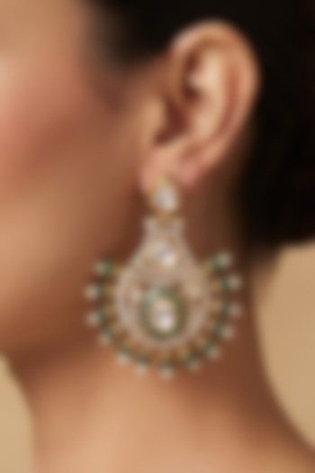 Gold Finish Pearl & Green Beaded Chandelier Earrings by Shop Naymee at Pernia's Pop Up Shop