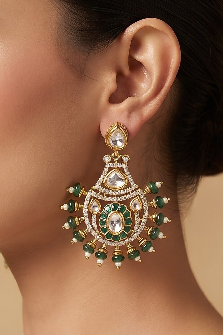Gold Finish Pearl & Green Beaded Chandelier Earrings by Shop Naymee at Pernia's Pop Up Shop