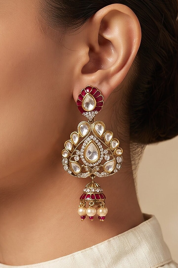 Gold Finish Ruby Stone & Pearl Jhumka Earrings by Shop Naymee at Pernia's Pop Up Shop