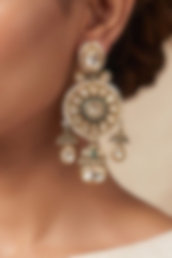 Gold Finish Green Stone & Pearl Floral Jhumka Earrings by Shop Naymee at Pernia's Pop Up Shop