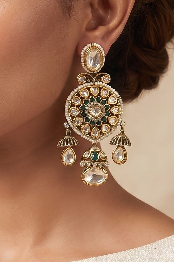 Gold Finish Green Stone & Pearl Floral Jhumka Earrings by Shop Naymee at Pernia's Pop Up Shop