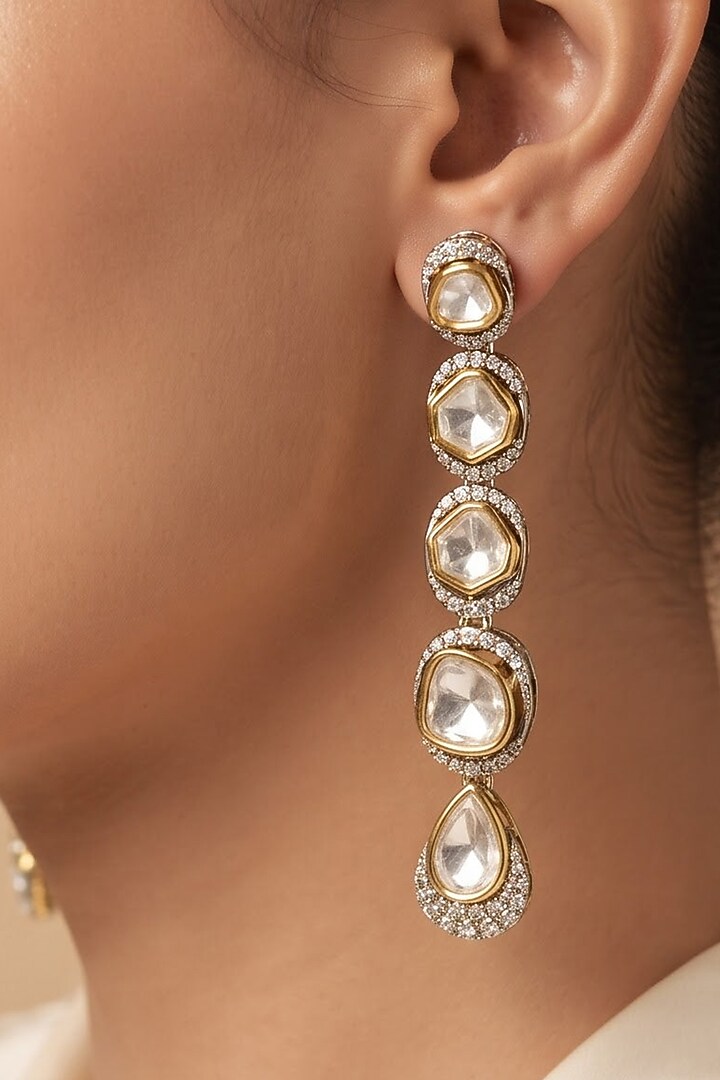Gold Finish Kundan Polki Tiered Drop Earrings by Shop Naymee at Pernia's Pop Up Shop
