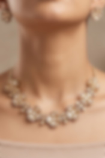 Gold Finish Kundan Polki & Cubic Zirconia Floral Choker Necklace Set by Shop Naymee at Pernia's Pop Up Shop