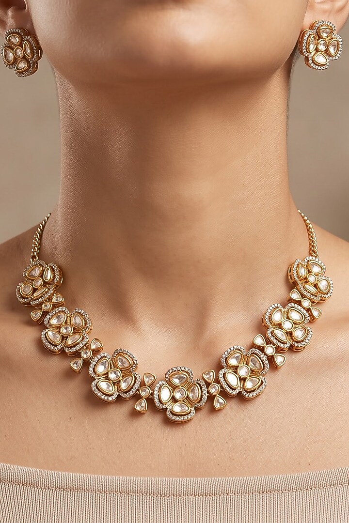 Gold Finish Kundan Polki & Cubic Zirconia Floral Choker Necklace Set by Shop Naymee at Pernia's Pop Up Shop
