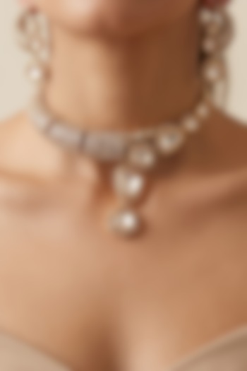 Gold Finish Kundan Polki & Cubic Zirconia Choker Necklace Set by Shop Naymee at Pernia's Pop Up Shop