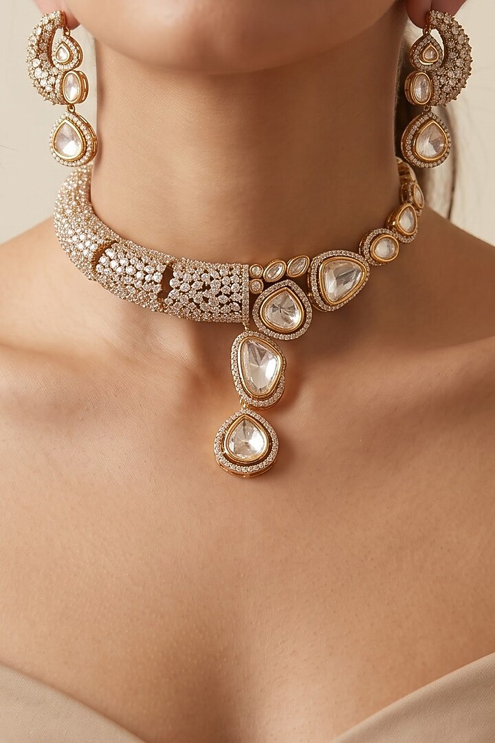 Gold Finish Kundan Polki & Cubic Zirconia Choker Necklace Set by Shop Naymee at Pernia's Pop Up Shop