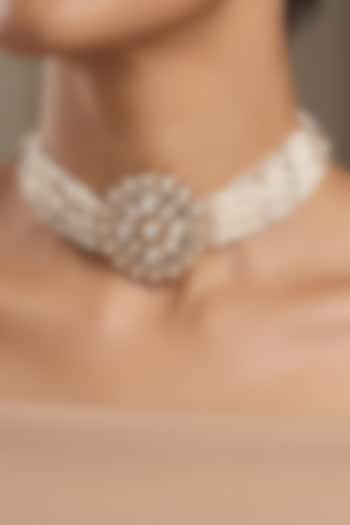 Gold Finish Kundan Polki & Pearl Choker Necklace Set by Shop Naymee at Pernia's Pop Up Shop