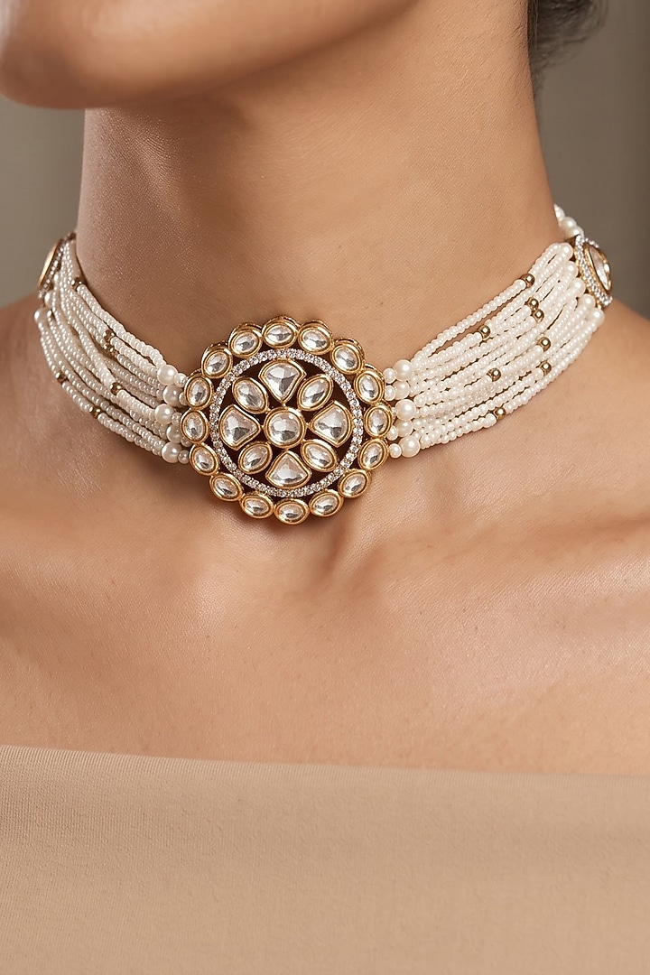 Gold Finish Kundan Polki & Pearl Choker Necklace Set by Shop Naymee at Pernia's Pop Up Shop