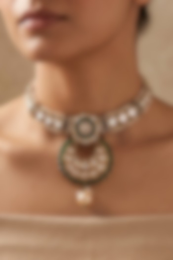 Gold Finish Emerald Kundan Polki & Pearl Meenakari Choker Necklace Set by Shop Naymee at Pernia's Pop Up Shop