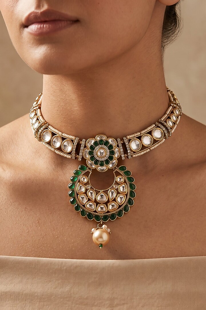 Gold Finish Emerald Kundan Polki & Pearl Meenakari Choker Necklace Set by Shop Naymee at Pernia's Pop Up Shop