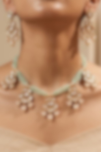 Gold Finish Mint Green Kundan Polki & Pearl Floral Choker Necklace Set by Shop Naymee at Pernia's Pop Up Shop