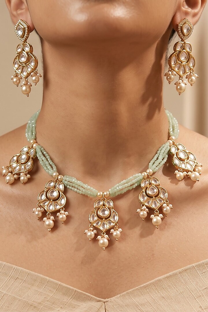 Gold Finish Mint Green Kundan Polki & Pearl Floral Choker Necklace Set by Shop Naymee at Pernia's Pop Up Shop