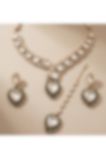 Gold Finish Uncut Kundan Polki & Seed Pearl Meenakari Choker Necklace Set by Shop Naymee at Pernia's Pop Up Shop