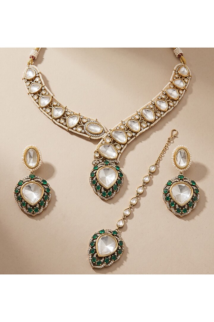 Gold Finish Uncut Kundan Polki & Seed Pearl Meenakari Choker Necklace Set by Shop Naymee at Pernia's Pop Up Shop