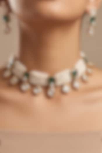 Gold Finish Uncut Kundan Polki & Pearl Choker Necklace Set by Shop Naymee at Pernia's Pop Up Shop