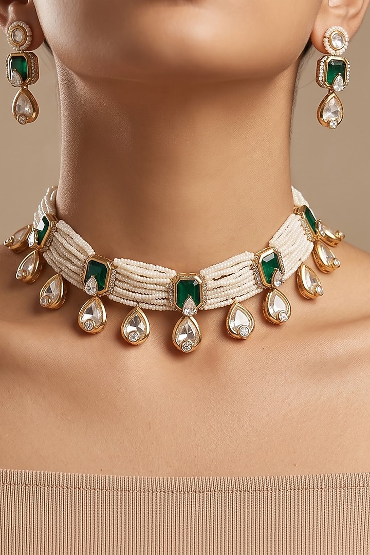 Gold Finish Uncut Kundan Polki & Pearl Choker Necklace Set by Shop Naymee at Pernia's Pop Up Shop