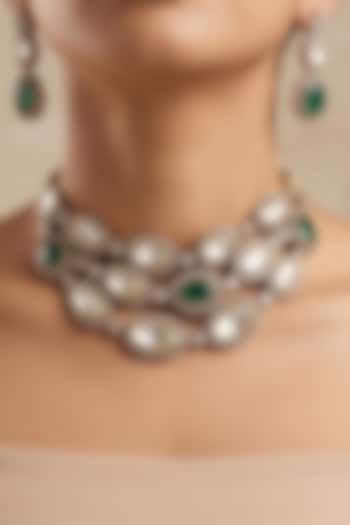 Gold Finish Uncut Kundan Polki & Emerald Green Stone Choker Necklace Set by Shop Naymee at Pernia's Pop Up Shop