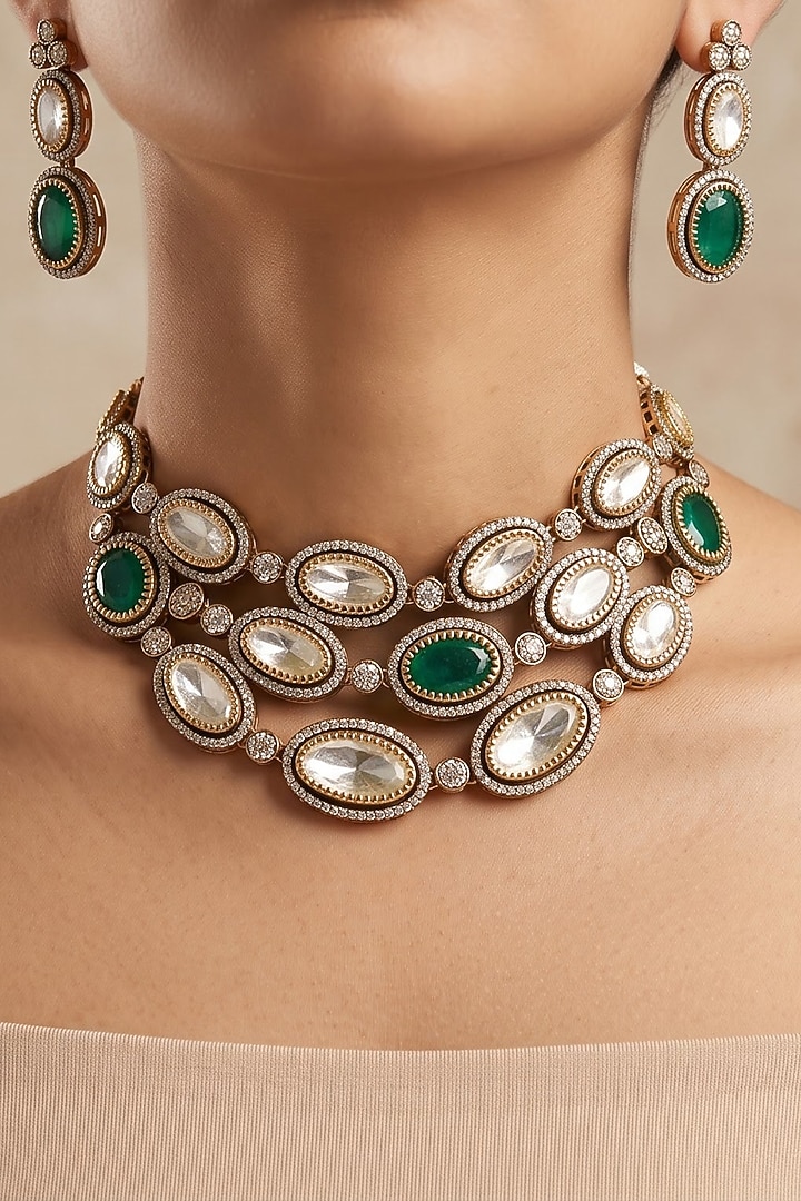 Gold Finish Uncut Kundan Polki & Emerald Green Stone Choker Necklace Set by Shop Naymee at Pernia's Pop Up Shop